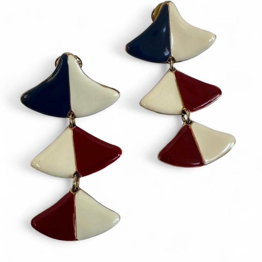 VTG 80s Nautical Enamel Tiered Statement Earrings, Unsigned Beauty Drop Clip-Ons
